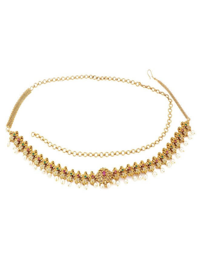 Rubans 22K Gold-Plated Ruby Pink Emerald Green & White Cubic Zirconia Studded Pearl Hanging Layered Floral Traditional Kamarbandh for Women & Girls – Perfect for Bridal & Festive Looks - Image 1