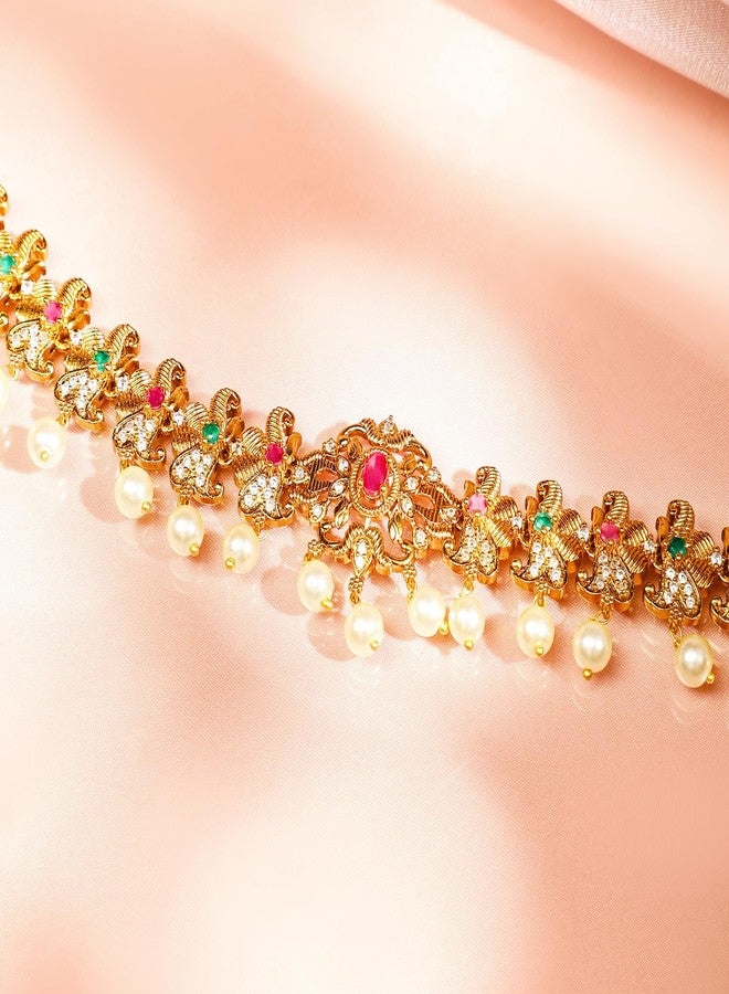 Rubans 22K Gold-Plated Ruby Pink Emerald Green & White Cubic Zirconia Studded Pearl Hanging Layered Floral Traditional Kamarbandh for Women & Girls – Perfect for Bridal & Festive Looks - Image 4
