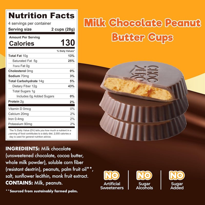 ChocZero Milk Chocolate Peanut Butter Cups - No Added Sugar, Gluten Free, Low Carb, 32 Individually Wrapped Cups - Image 2