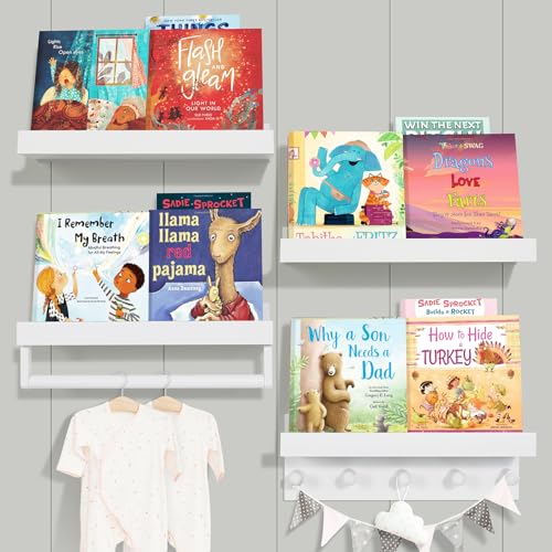 Ollieroo Set of Four Floating Book Shelves for Wall Nursery Book Shelf for Kids Room Bamboo Wood Hanging Bookshelf for Baby Teen Boys Girls Wall Mounted Shelves for Bedroom Bathroom DecorWhite