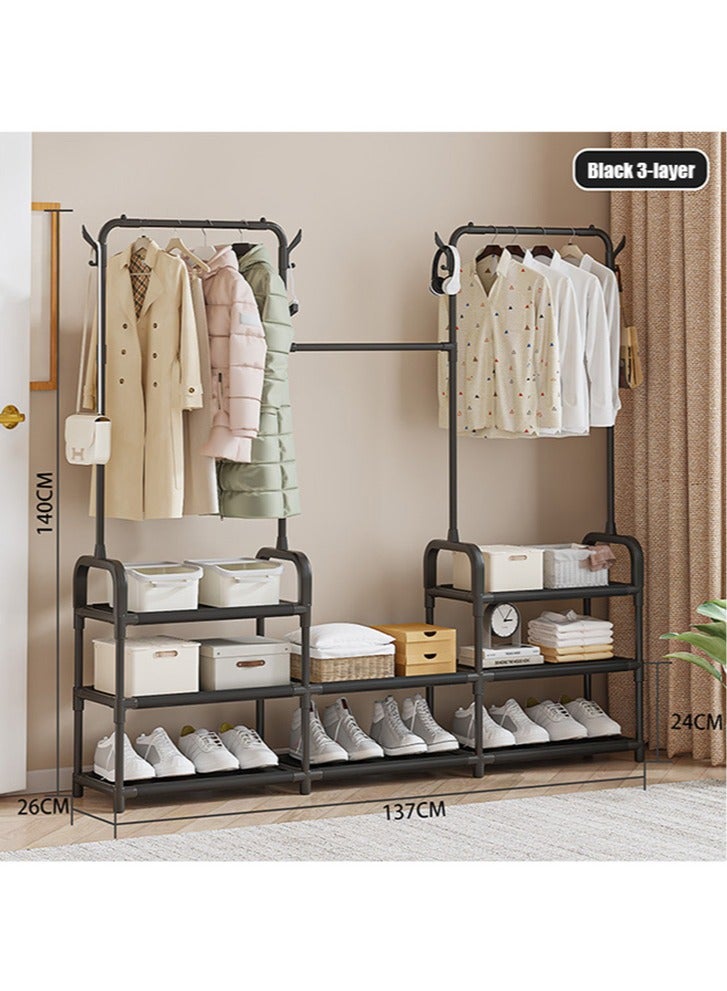 Three-Row Drying Rack, Floor-Standing Household Bedroom Clothes Rail, Student Dormitory Coat Rack, Multifunctional Hanger,Black - Image 1