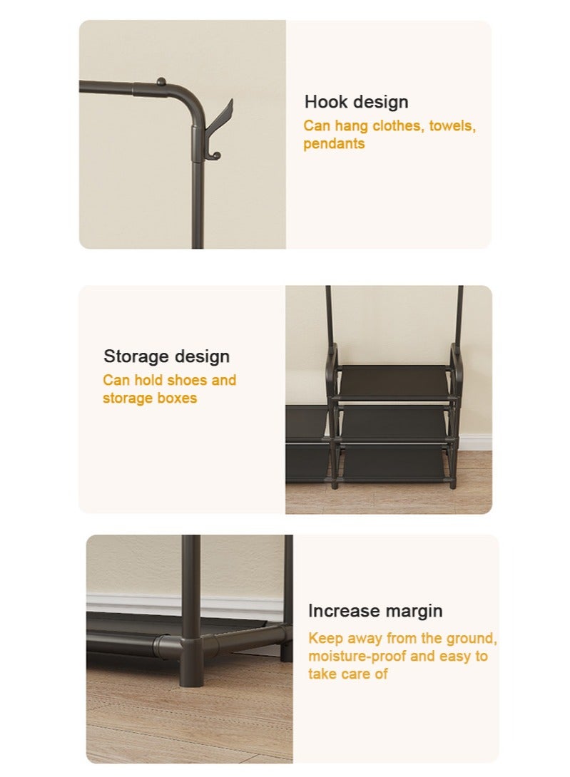 Three-Row Drying Rack, Floor-Standing Household Bedroom Clothes Rail, Student Dormitory Coat Rack, Multifunctional Hanger,Black - Image 5