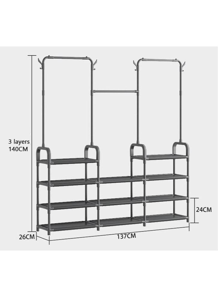 Three-Row Drying Rack, Floor-Standing Household Bedroom Clothes Rail, Student Dormitory Coat Rack, Multifunctional Hanger,Black - Image 2