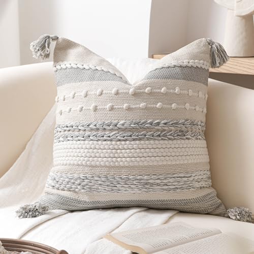 BlissBlush Gray Boho Decorative Throw Pillow Cover 20x20 Square Farmhouse Accent Cushion for Couch Sofa Livingroom Bedroom Pillowcase Modern Home Dcor Pack of 1 - Image 1