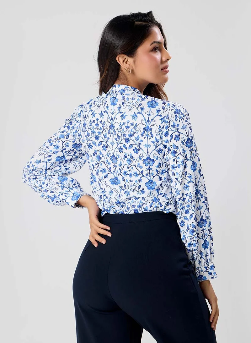 Zigzag Pintuck Detailed Long Sleeve Printed Top