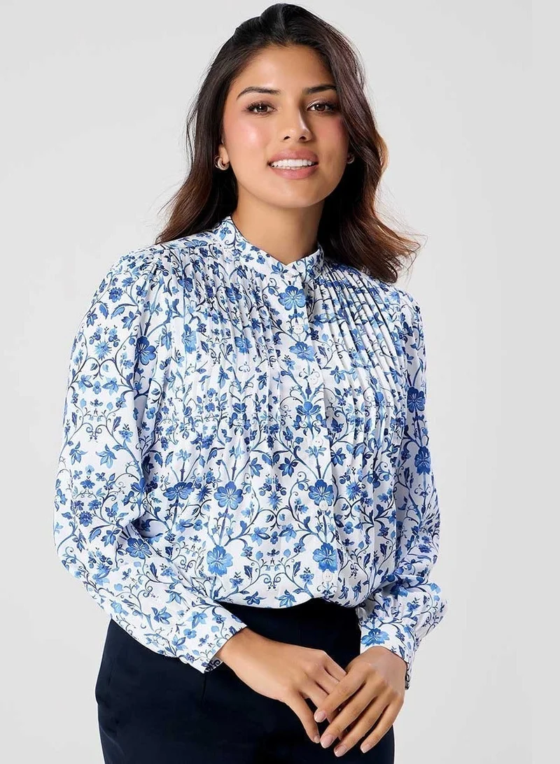 Zigzag Pintuck Detailed Long Sleeve Printed Top