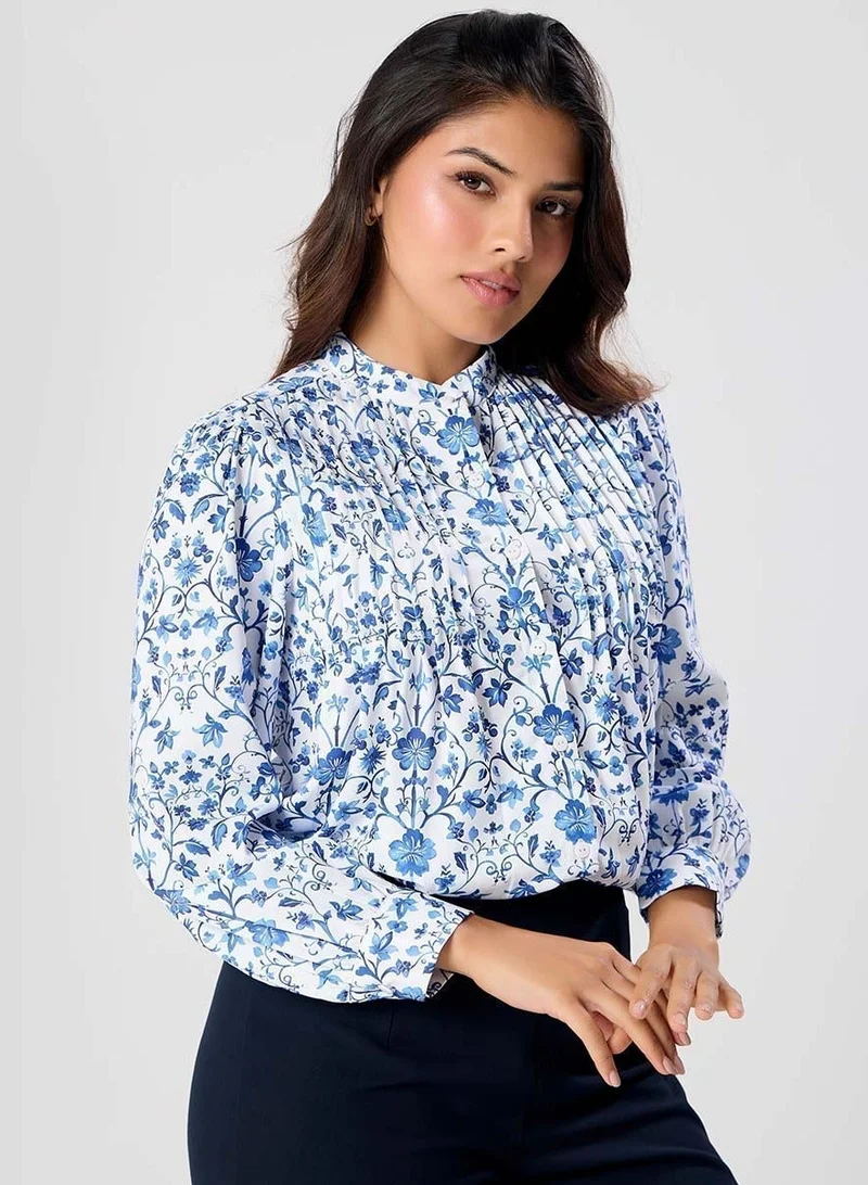 Zigzag Pintuck Detailed Long Sleeve Printed Top