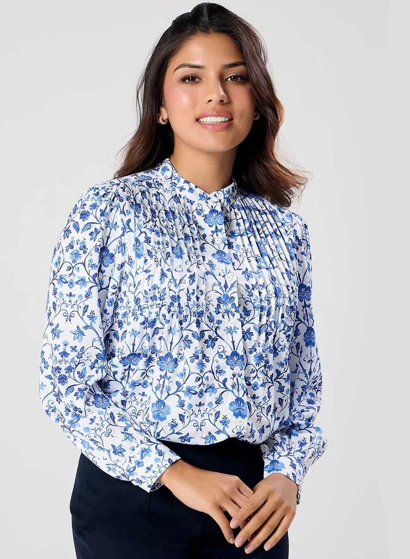 Zigzag Pintuck Detailed Long Sleeve Printed Top