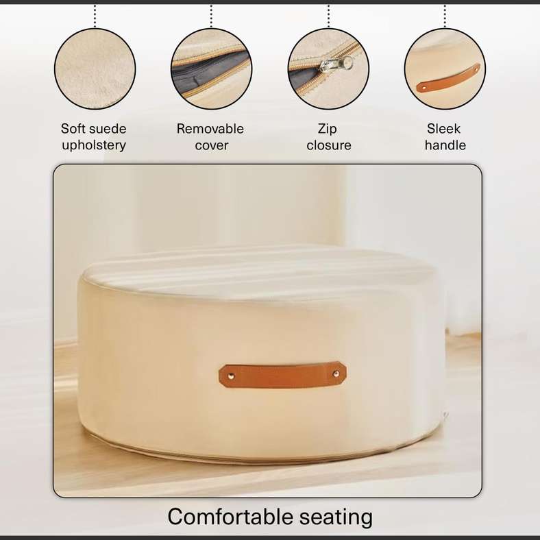 Pan Home Beige Pouf with Leather Handle - Image 5