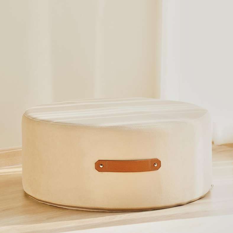 Pan Home Beige Pouf with Leather Handle - Image 1
