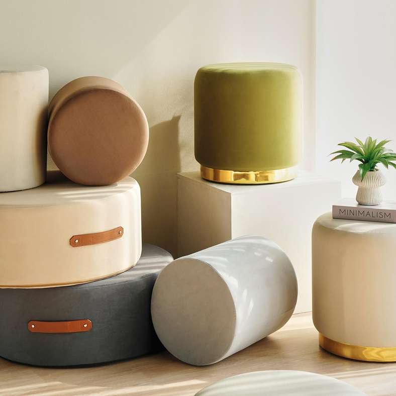 Pan Home Beige Pouf with Leather Handle - Image 4