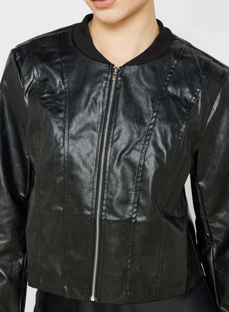 Ginger PU Leather Bomber Jacket