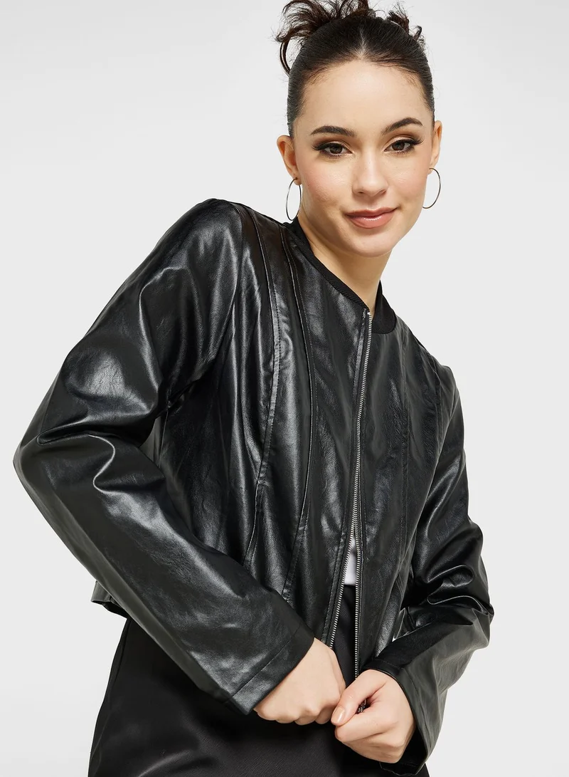 Ginger PU Leather Bomber Jacket