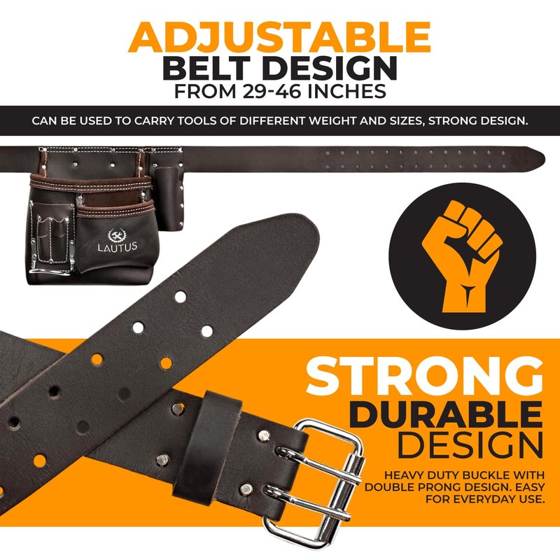 LAUTUS 5 Pocket Oil Tanned Leather Tool Belt - Multifunctional Tool Pouch / Bag/ Apron Carpenter, Construction, Framers, Handyman, Electrician | 30-Inch to 46-Inch | Brown| Hammer Holder| Built Tough| - Image 5