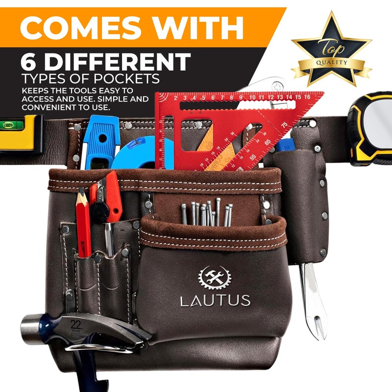 LAUTUS 5 Pocket Oil Tanned Leather Tool Belt - Multifunctional Tool Pouch / Bag/ Apron Carpenter, Construction, Framers, Handyman, Electrician | 30-Inch to 46-Inch | Brown| Hammer Holder| Built Tough| - Image 3