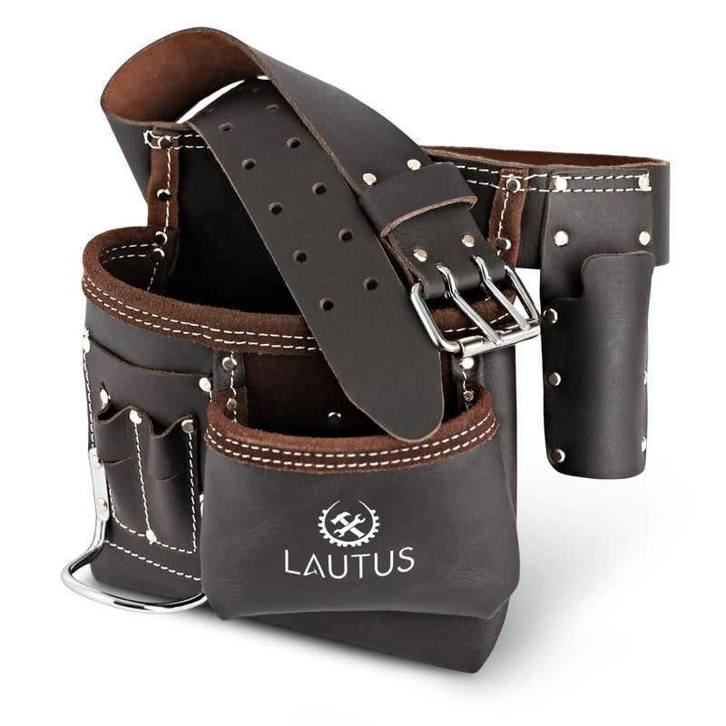 LAUTUS 5 Pocket Oil Tanned Leather Tool Belt - Multifunctional Tool Pouch / Bag/ Apron Carpenter, Construction, Framers, Handyman, Electrician | 30-Inch to 46-Inch | Brown| Hammer Holder| Built Tough| - Image 1