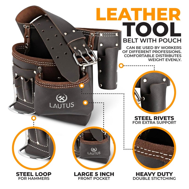 LAUTUS 5 Pocket Oil Tanned Leather Tool Belt - Multifunctional Tool Pouch / Bag/ Apron Carpenter, Construction, Framers, Handyman, Electrician | 30-Inch to 46-Inch | Brown| Hammer Holder| Built Tough| - Image 4