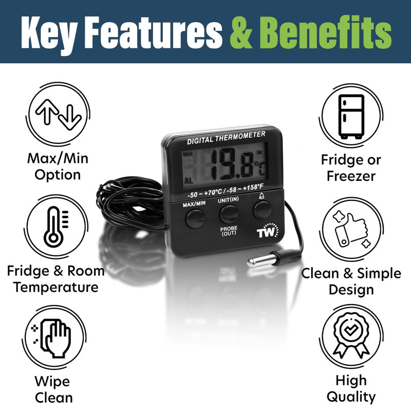 Thermometer World Digital Fridge Thermometer with Alarm Clock and Maximum/Min Temperature Function - Image 2