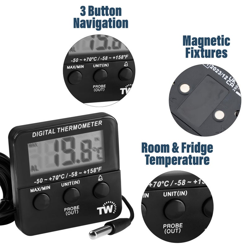 Thermometer World Digital Fridge Thermometer with Alarm Clock and Maximum/Min Temperature Function - Image 4