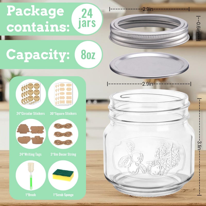 BIGIVACA 24 Pack 8 oz Mason Jars with Lids, Half Pint Canning Jars with Embossed Fruit Pattern, Small Glass Jars for Storing, Pickling, Jam, Overnight Oats, Wedding & Party Favors, Candle Making and DIY Crafts - Image 2