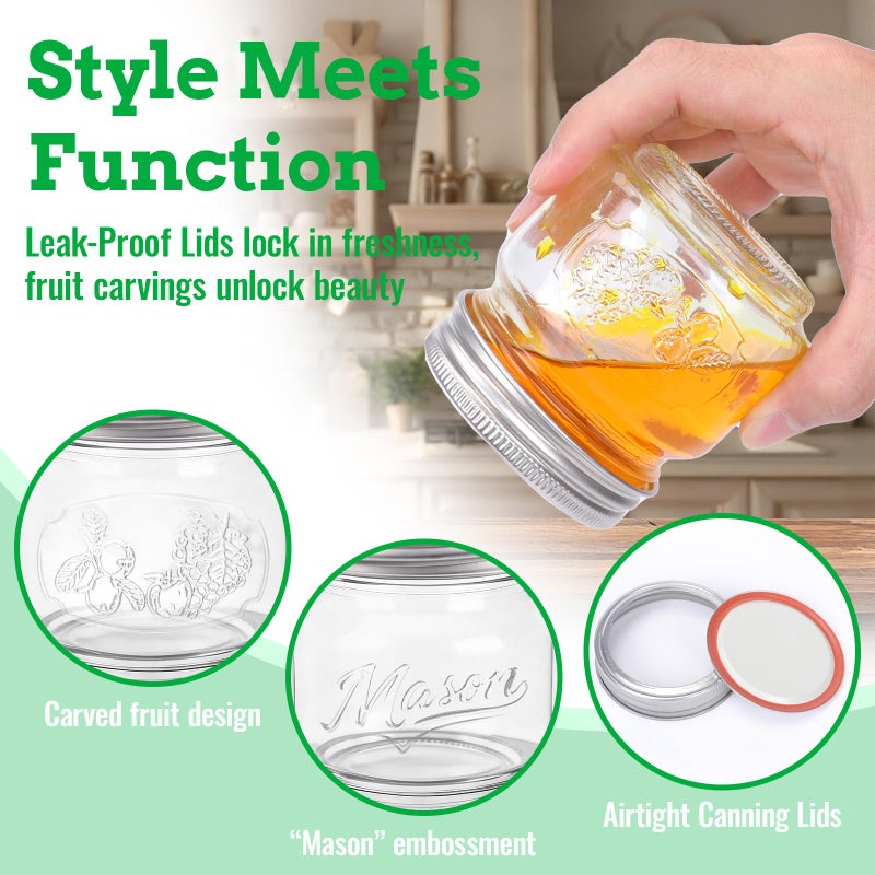 BIGIVACA 24 Pack 8 oz Mason Jars with Lids, Half Pint Canning Jars with Embossed Fruit Pattern, Small Glass Jars for Storing, Pickling, Jam, Overnight Oats, Wedding & Party Favors, Candle Making and DIY Crafts - Image 3