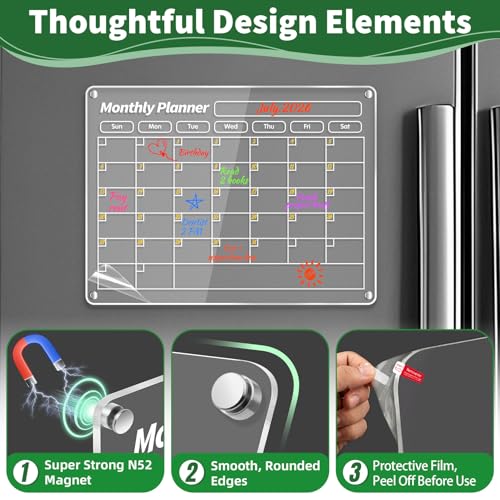 FINDMAG Acrylic Dry Erase Magnetic Calendar for Fridge, 16"x12" Magnetic Calendar for Refrigerator, Clear Monthly and Weekly Meal Planner Fridge Magnets, Chore Chart for Kids with 8 Colors Markers - Image 5