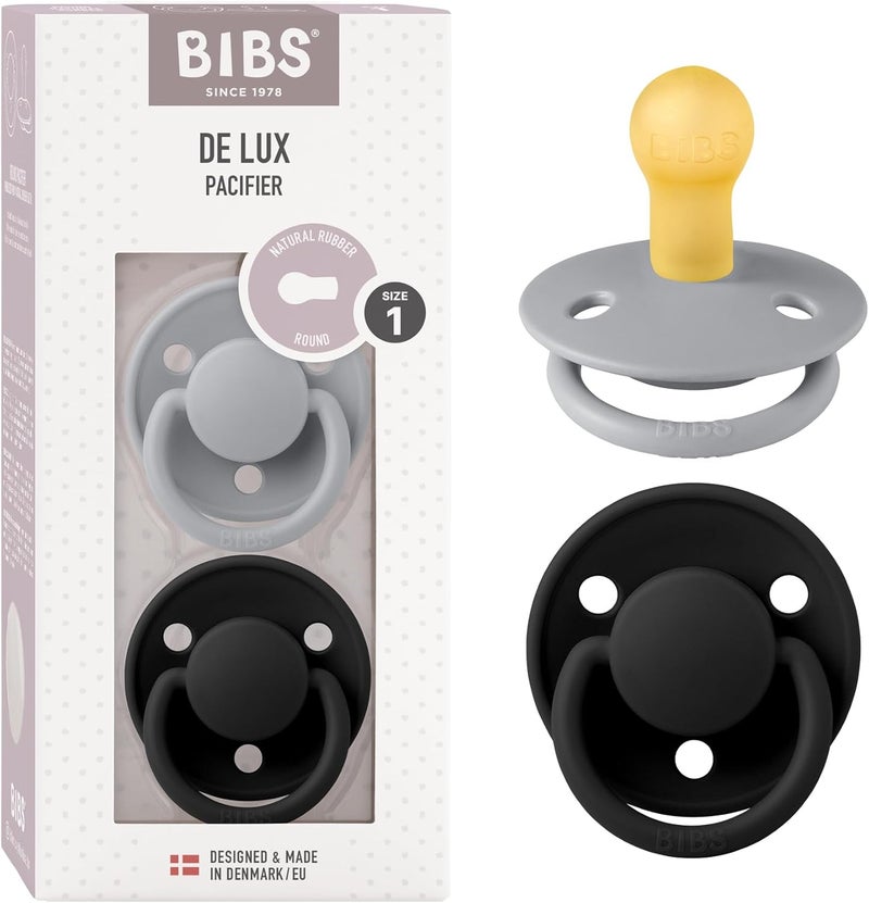BIBS De Lux Soother 2-Pack, BPA Free Dummy Pacifier, Round Natural Rubber Latex, Size 1 (0-6 Months), Cloud/Black - Image 1