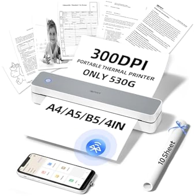 MT610 PRO PORTABLE THERMAL PRINTER, 300DPI HD MOBILE-TRAVEL-PRINTERS, INKLESS-WIRELESS-SMALL-PRINTER FOR HOME USE, OFFICE, VEHICLES, BLUETOOTH PRINTERS SUPPORTS 8.5" X 11" US LETTER&A4&A5 SIZE - Image 1