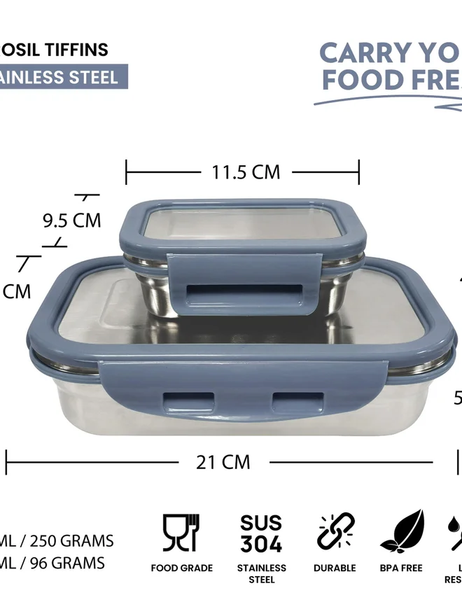 بوروسيل طقم علب غداء مستطيلة من الستانلس ستيل قطعتين ٨٠٠ مل و ٢٠٠ مل - رمادي