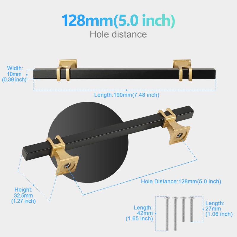 Redunest Cabinet Pulls Matte Black and Gold Cabinet Handles, 10 Pack 5 Inch Kitchen Door Cupboard Wardrobe Drawer Handles, Cabinet Hardware Bar Drawer Pulls, 128mm Hole Centers - Image 2