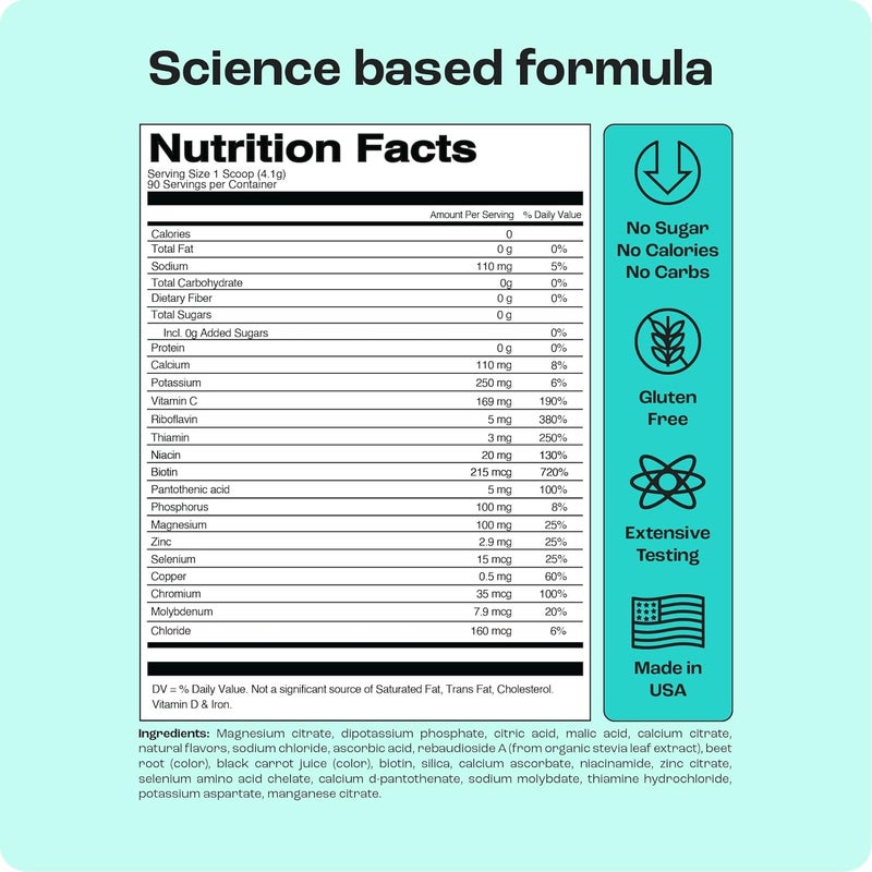 KEY NUTRIENTS Multivitamin Electrolytes Powder No Sugar  Refreshing Watermelon Electrolyte Powder  Endurance  Energy Supplement  Hydration Powder  No Calories  90 Servings  Made in USA - Image 3