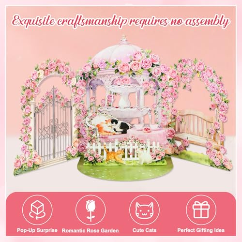 D4DREAM Romantic Wedding Pop Up Card - Kittens in Romantic Rose Garden 3D Cat Card for Her, Wife, Girlfriend Cat Lovers, Handmade Gift for Anniversary Engagement Wedding Birthday - Image 3
