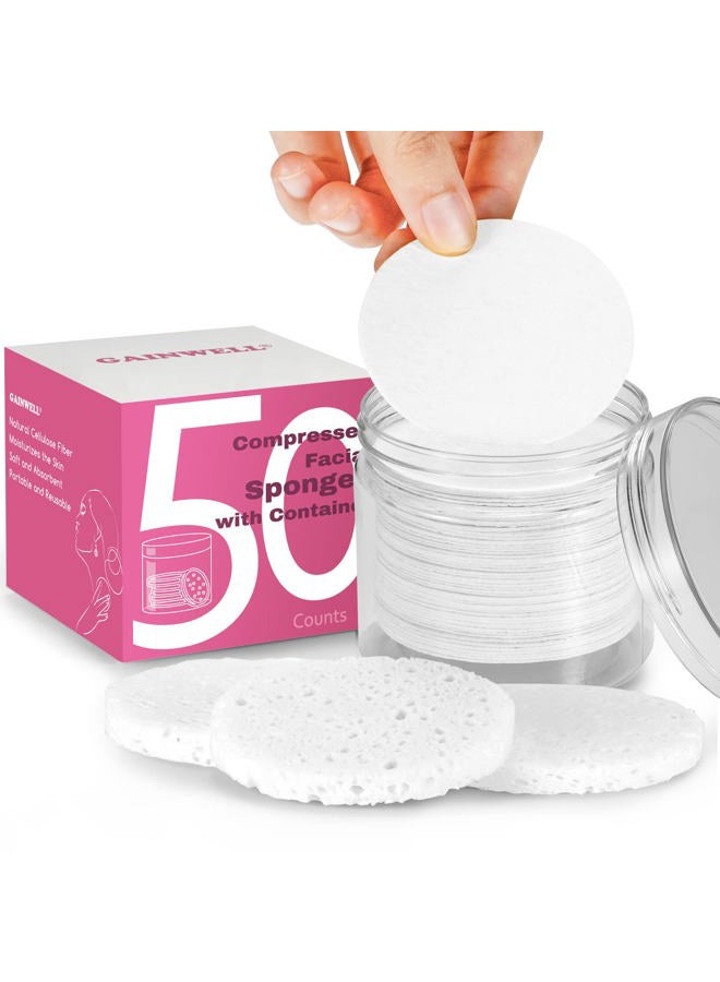 GAINWELL 50-Count Compressed Facial Sponges with Storage Container, for Facial Cleansing, Reusable Makeup Remover, Portable, Suitable for Travel, White - Image 1