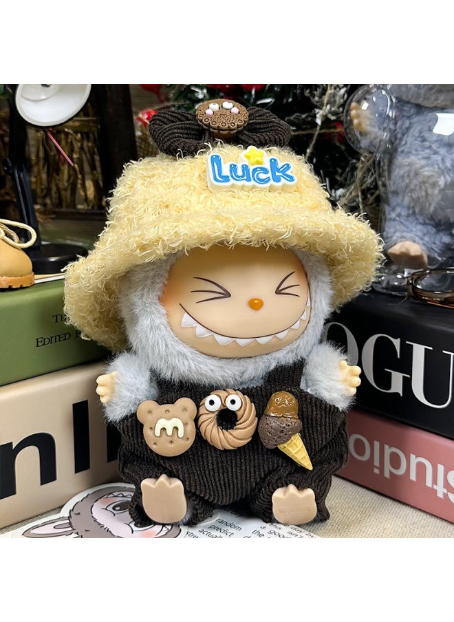 Labubu Sitting Party Doll Clothes Generation II Blind Box Labubu Doll Clothes Ragcloth Clothes Plush Vinyl Face-Specification:First And Second Generation Universal (doll Not Included) - Standard Outfit-Color:Brown Donut (luck Hat + Headwear + Overalls)  - Image 1