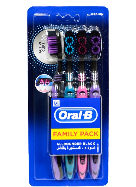 Oral-B ALLROUNDER Black Family Pack Medium Manual Toothbrushes, Pack of 4 - Multi-Colored