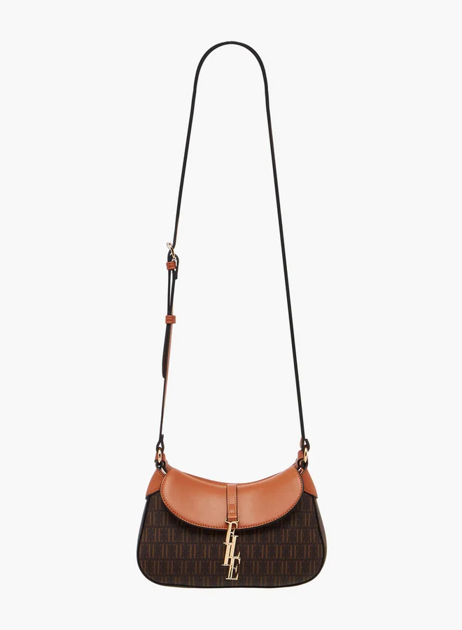 ELLE Monogram Print Crossbody Bag with Adjustable Strap and Flap Closure