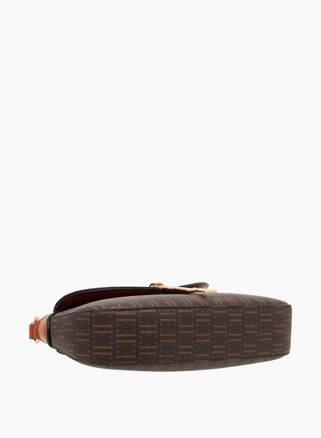 ELLE Monogram Print Crossbody Bag with Adjustable Strap and Flap Closure