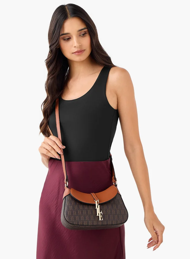 ELLE Monogram Print Crossbody Bag with Adjustable Strap and Flap Closure
