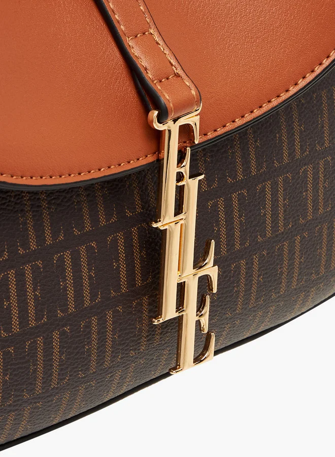 ELLE Monogram Print Crossbody Bag with Adjustable Strap and Flap Closure