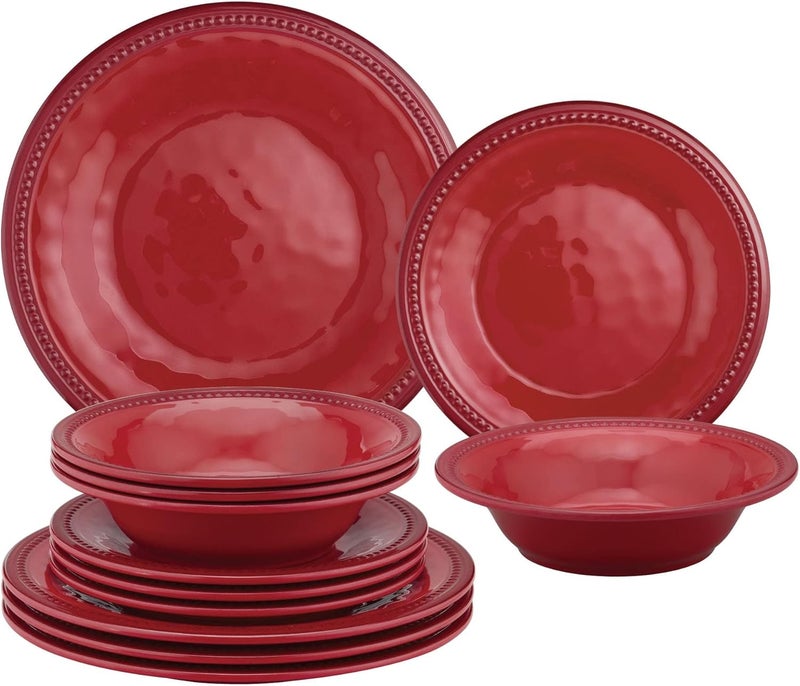 UP طقم أدوات مائدة مكون من 12 قطعة من UPware مع حبات من الميلامين للأطباق الخارجية، طقم أطباق وأوعية لخدمة 4 أشخاص باللون الأحمر - Image 1