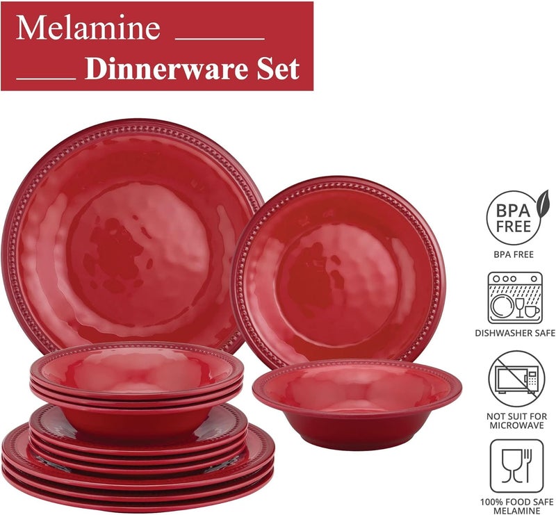 UP طقم أدوات مائدة مكون من 12 قطعة من UPware مع حبات من الميلامين للأطباق الخارجية، طقم أطباق وأوعية لخدمة 4 أشخاص باللون الأحمر - Image 4