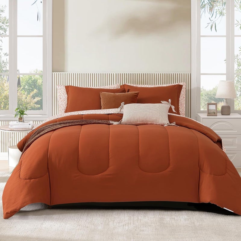 Monbix Queen Comforter Set - 7 Pieces Burnt Orange Bed in a Bag Queen Track Stitching Bedding Sets, All Seasons Down Alternative Comforter Bed Set with Sheets,Pillowcases & Shams - Image 1