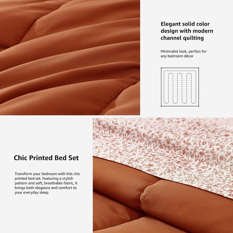 Monbix Queen Comforter Set - 7 Pieces Burnt Orange Bed in a Bag Queen Track Stitching Bedding Sets, All Seasons Down Alternative Comforter Bed Set with Sheets,Pillowcases & Shams - Image 5
