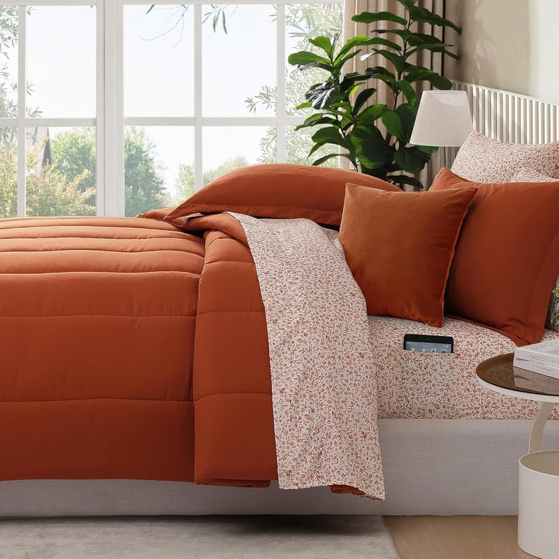 Monbix Queen Comforter Set - 7 Pieces Burnt Orange Bed in a Bag Queen Track Stitching Bedding Sets, All Seasons Down Alternative Comforter Bed Set with Sheets,Pillowcases & Shams - Image 3