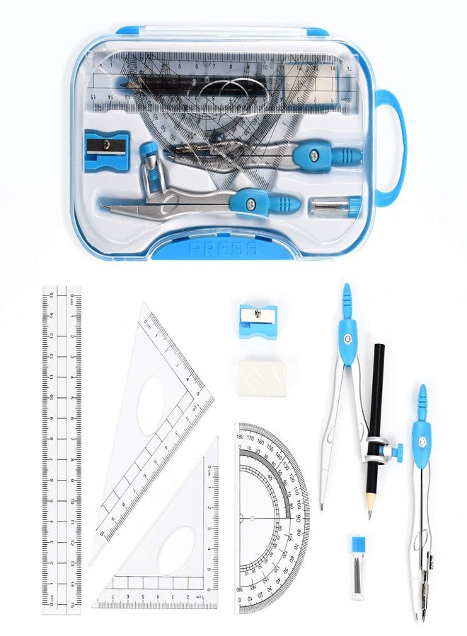 Unjoo Math Geometry Kit Sets 10 Piece Student Supplies with Shatterproof Storage Box,Includes Rulers,Protractor,Compass,Eraser,Pencil Sharpener,Lead Refills,Pencil,for Drafting and Drawings（Blue） - Image 2
