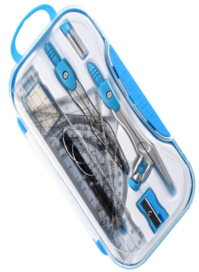 Unjoo Math Geometry Kit Sets 10 Piece Student Supplies with Shatterproof Storage Box,Includes Rulers,Protractor,Compass,Eraser,Pencil Sharpener,Lead Refills,Pencil,for Drafting and Drawings（Blue） - Image 3