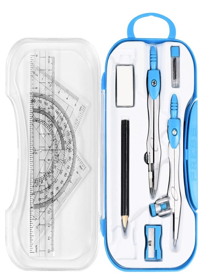 Unjoo Math Geometry Kit Sets 10 Piece Student Supplies with Shatterproof Storage Box,Includes Rulers,Protractor,Compass,Eraser,Pencil Sharpener,Lead Refills,Pencil,for Drafting and Drawings（Blue） - Image 1