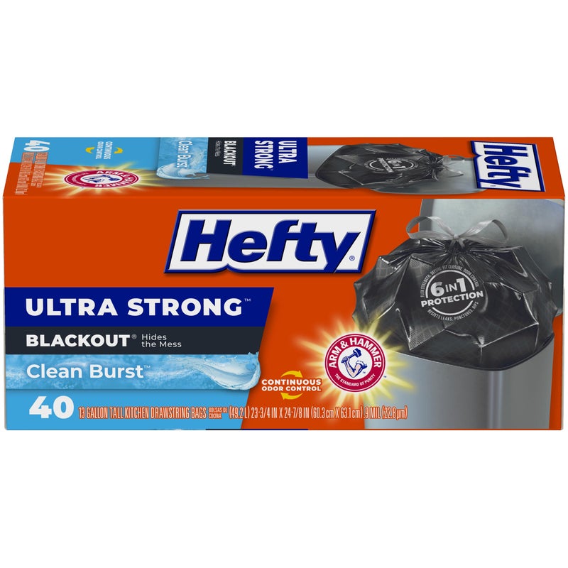 Hefty Ultra Strong 13 Gallon Trash Bags Black Tall Kitchen Trash Bags 13 Gallon Size Break Resistant Drawstring Enclosure Continuous Odor Control Blackout Clean Burst Scent 40 Bags
