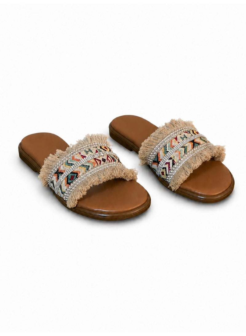 LIFESTYLISH Slippers Flat Leather With Fringed SL-242 - Beige - Image 2