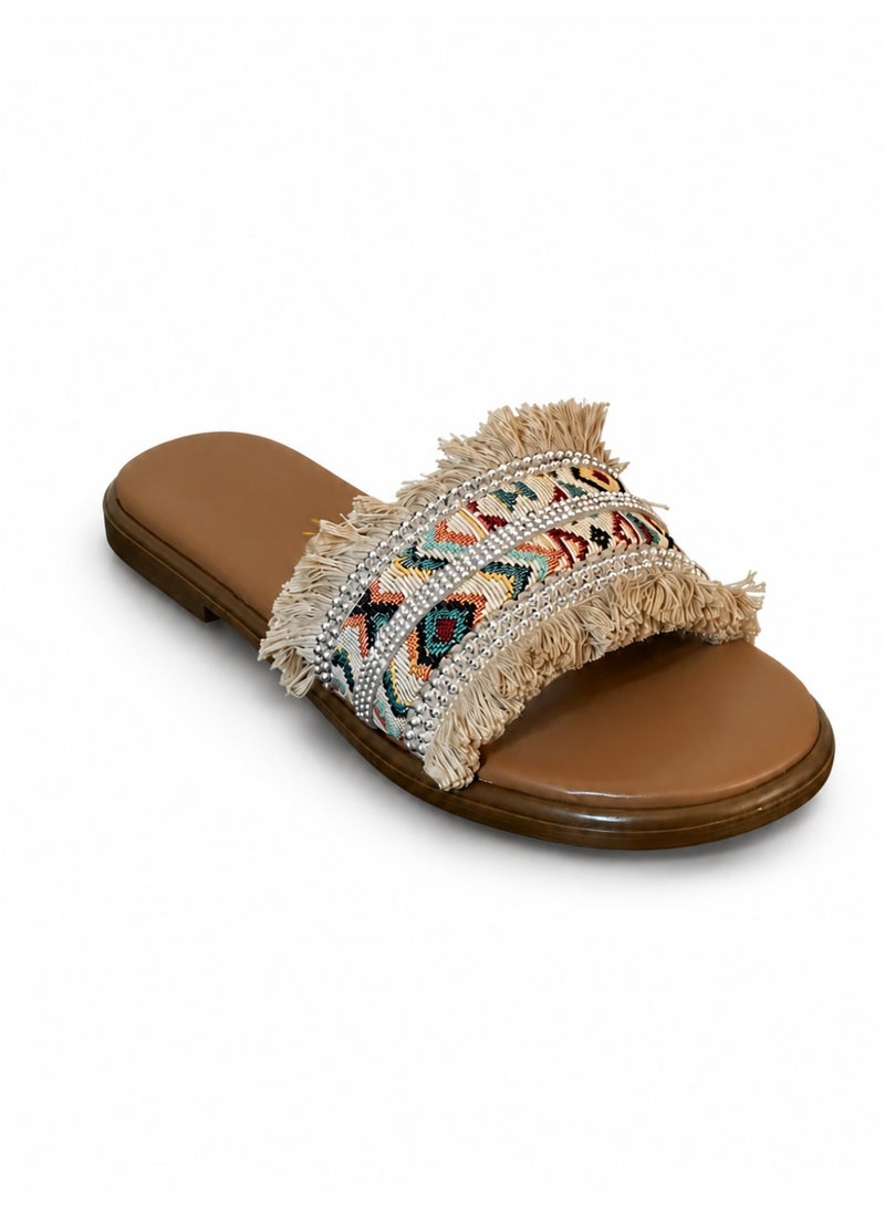 LIFESTYLISH Slippers Flat Leather With Fringed SL-242 - Beige - Image 3